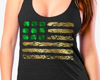 ST PATRICKS DAY Shirt For Ladies - Irish American Flag - Womens Tri Blend Racerback Tank Top - Parade Shirt - xs - xl