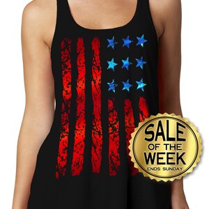 4th OF JULY TANK -  Ladies Racerback Tank - Usa -  American Flag - Independence Day - Blue and Red Foil Imprint - Black  - s -  xxl