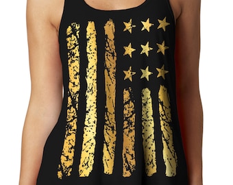 4TH OF JULY WOMEN - Racerback Tank - Tank Top - Usa -  American Flag - Independence Day - Waterbase Gold Foil Imprint - s -  xxl