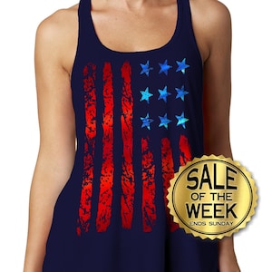 4TH OF JULY RACERBACK Tank - Ladies usa shirt - Usa - American Flag - Independence Day - Blue and Red Foil Imprint - Black - s - xxl