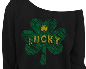 ST PATRICKS Day - LUCKY SWEATSHIRt - Ladies Vintage Shamrock - Irish Shirt - Womens - Slouchy Sweater - Black - s, med, large, xl, xxl, 3x