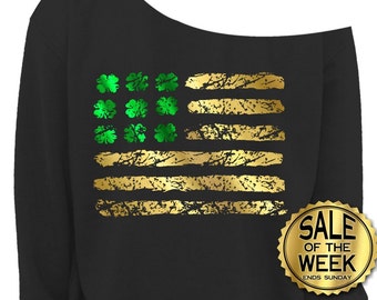 St PATRICKS DAY SHIRT - IRISh American - Irish Shirt - Ladies Sweatshirt - Shamrock - American Flag - Green & Gold Foil - In Black - s-3x