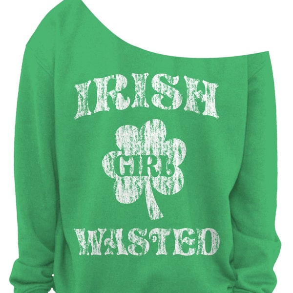 Koszula IRISH Girl Wasted - Dzień Świętego Patryka - Koszula irlandzka - Damska - Koniczyna - Sweter z odkrytymi ramionami - Irlandzka zieleń, sportowa szarość i biel - rozmiar S-3XL