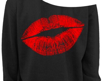 VALENTINE'S DAY SLOUCHY Sweatshirt - Kiss Lips - Slouchy Sweatshirt - Off the shoulder - Available in Black and White - Red Ink s-3x