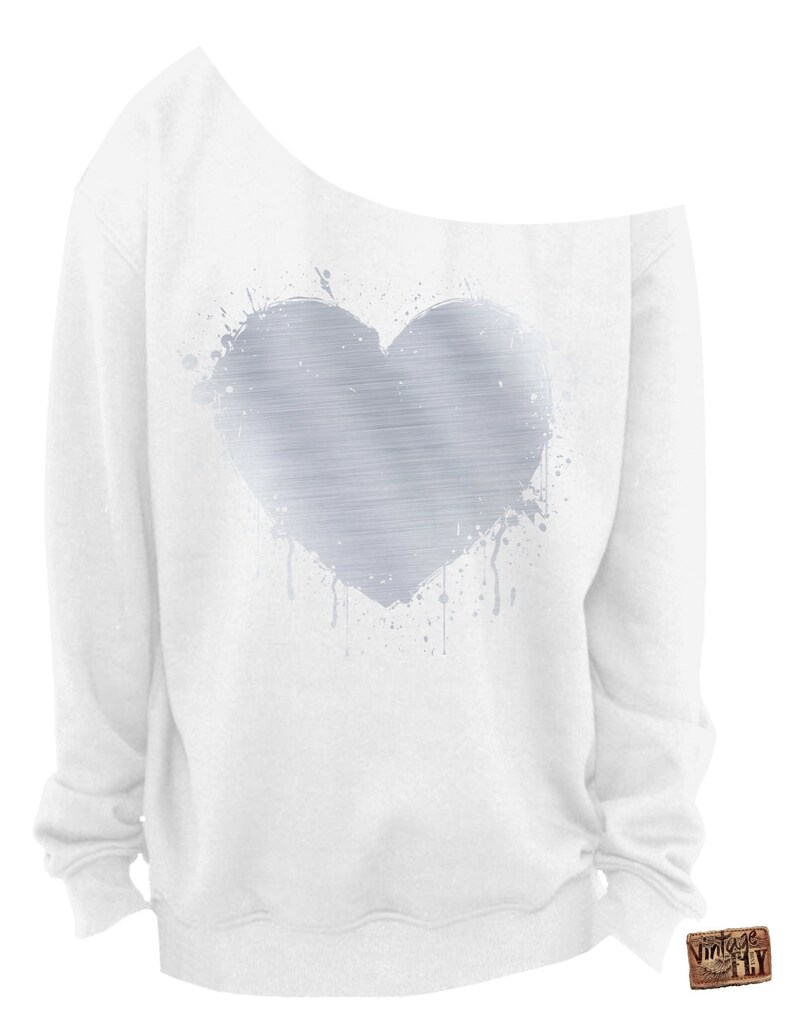 LADIES VALENTINE SWEATSHIRT Heart Foil Splatter Heart s-3x Silver Foil Imprint Slouchy Sweatshirt Grunge Off the shoulder