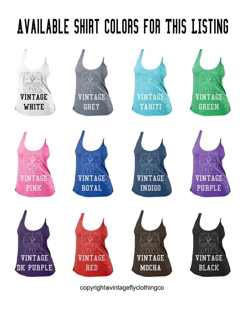 May include: Image showcasing a variety of tank tops in different colors, including white, grey, blue, green, pink, purple, red, and black. Each tank top features the text "VINTAGE FLY" and the color name. The text "AVAILABLE SHIRT COLORS FOR THIS LISTING" is at the top.