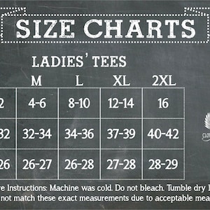 May include: Size chart for ladies' tees, with chest and length measurements in inches. Sizes range from S (0-2) to 2XL (16). The chart is on a dark background with the Vintage Clothing Company logo.