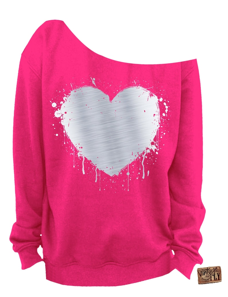 LADIES VALENTINE SWEATSHIRT Heart Foil Splatter Heart s-3x Silver Foil Imprint Slouchy Sweatshirt Grunge Off the shoulder