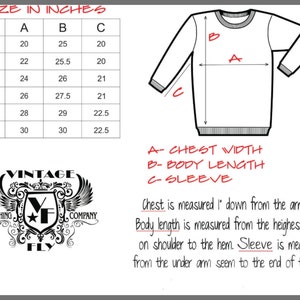 May include: A diagram illustrating sweater measurements in inches: chest width, body length, and sleeve length. Includes a size chart with measurements for sizes SM to 3XL. The Vintage Fly Clothing Company logo is also visible.