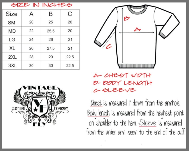 May include: A diagram illustrating sweater measurements in inches: chest width, body length, and sleeve length. Includes a size chart with measurements for sizes SM to 3XL. The Vintage Fly Clothing Company logo is also visible.