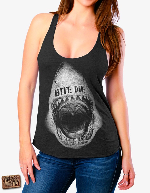 SHARK SHIRT - RACERBACK Tank Top for Ladies - Bite Me - Shark Shirt - Funny Shirt -  Tri Blend - Racer Back Tank - Sizes S-Xl