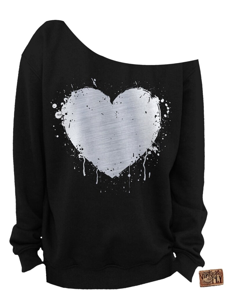 LADIES VALENTINE SWEATSHIRT Heart Foil Splatter Heart s-3x Silver Foil Imprint Slouchy Sweatshirt Grunge Off the shoulder