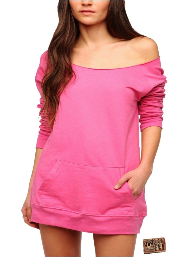 LADIES SLOUCHY off the shoulder SWEATSHIRT with Pockets -  Blank - Gi…