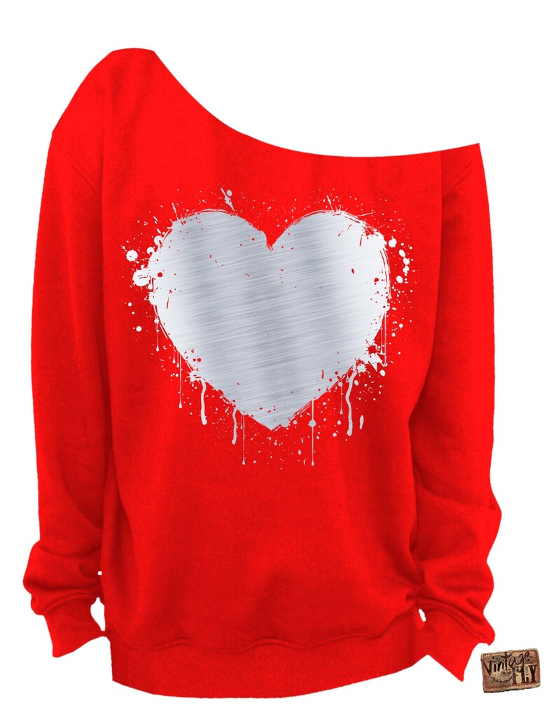 LADIES VALENTINE SWEATSHIRT Heart Foil Splatter Heart s-3x Silver Foil Imprint Slouchy Sweatshirt Grunge Off the shoulder
