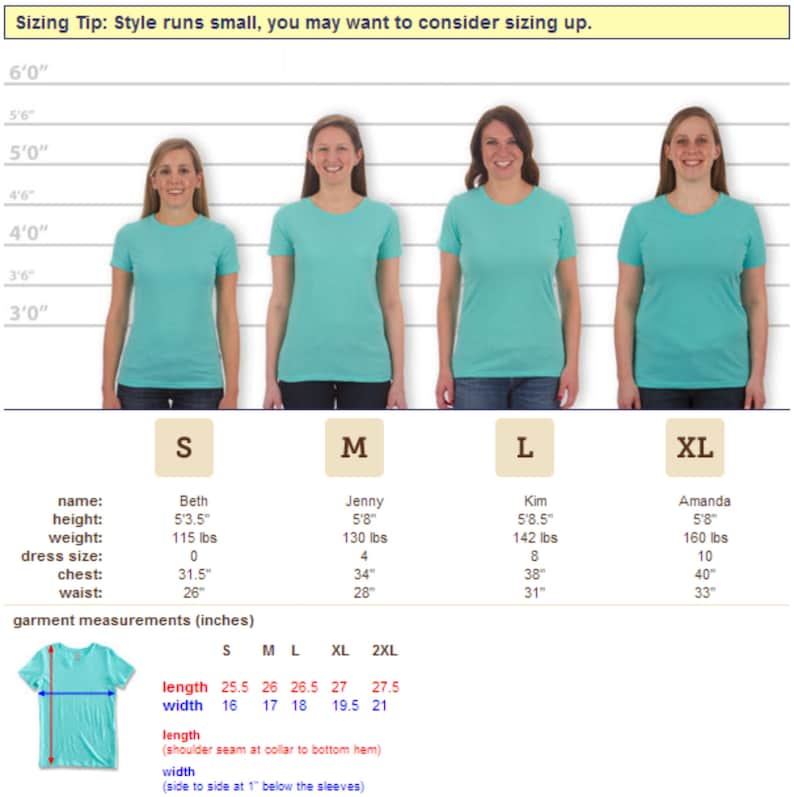 May include: Four women wearing turquoise t-shirts, each representing a different size: S, M, L, and XL. Measurements are provided for each size, including chest, waist, and garment length and width in inches. The text "Sizing Tip: Style runs small, you may want to consider sizing up."