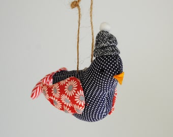 Handmade Blue Bird Ornament, Recycled Fabric Bird with Hat