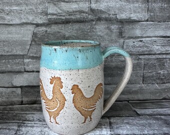 No 1 - Mug en poterie bleue, tasse de poulet, tasse de coq, tasse de café d'oiseau, tasse de café de poule, tasse de poussin, tasse de poulet bleue, faite en NC