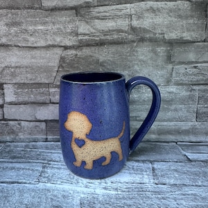 No 1 - Pottery mug, Wiener dog mug, Dachshund mug, badger dog mug, dark blue puppy mug, purple pup mug, weiner mug, dog mug made in NC