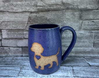No 1 - Pottery mug, Wiener dog mug, Dachshund mug, badger dog mug, dark blue puppy mug, purple pup mug, weiner mug, dog mug made in NC