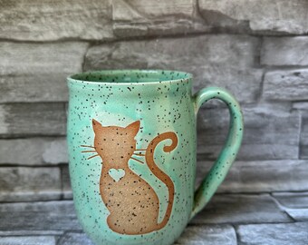 Pottery mug, cat mug, mint cat mug, kitty mug, kitty cat mug, mint green cat coffee mug, handmade coffee mug, animal coffee mug made in NC