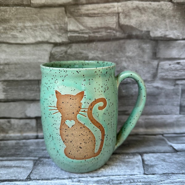 Pottery mug, cat mug, mint cat mug, kitty mug, kitty cat mug, mint green cat coffee mug, handmade coffee mug, animal coffee mug made in NC