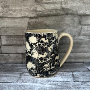 No. 4 - Pottery mug, skull mug, crazy skull mug, coffee mug, skull coffee mug, Mohawk skull, black skull mug made in North Carolina