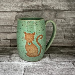 Pottery mug, cat mug, mint cat mug, kitty mug, kitty cat mug, mint green cat coffee mug, handmade coffee mug, animal coffee mug made in NC