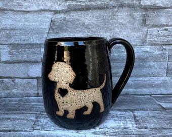 Pottery mug, Wiener dog mug, Dachshund mug, badger dog mug, black puppy mug, black pup mug, coffee mug, dog mug made in NC
