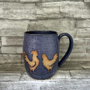 Purple pottery mug, chicken mug, rooster mug, bird coffee mug, hen coffee mug, chick mug, purple chicken mug, animal coffee mug, made in NC