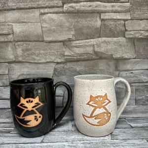 Pottery mug, Foxy mug, white mug, fox mug, white fox coffee mug, black fox mug, fox tea cup, animal coffee mug, made in North Carolina