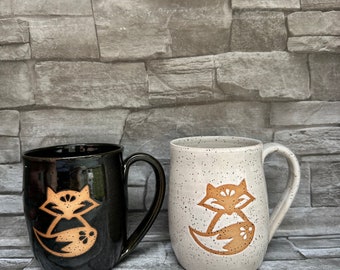 Pottery mug, Foxy mug, white mug, fox mug, white fox coffee mug, black fox mug, fox tea cup, animal coffee mug, made in North Carolina