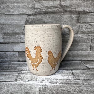 White pottery mug, chicken mug, rooster mug, bird coffee mug, hen coffee mug, chick mug, white chicken mug, animal coffee mug, made in NC