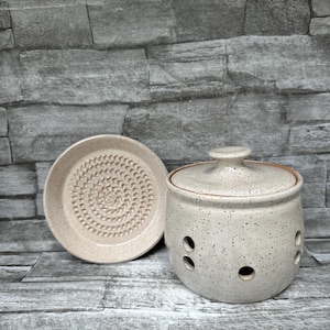 May include: A speckled beige ceramic garlic keeper with a lid and a matching grater plate. The garlic keeper has several round holes for ventilation. The grater plate has a textured surface for grating garlic. Kitchenware.