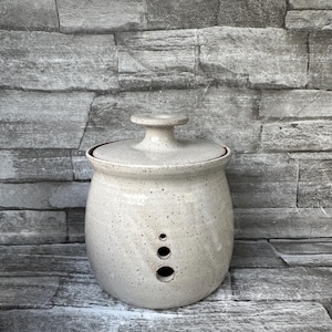 May include: A speckled, off-white ceramic garlic keeper with a lid and three ventilation holes. The round container has a small handle on the lid. The keeper is designed to store garlic and keep it fresh. The background is a gray stone wall.