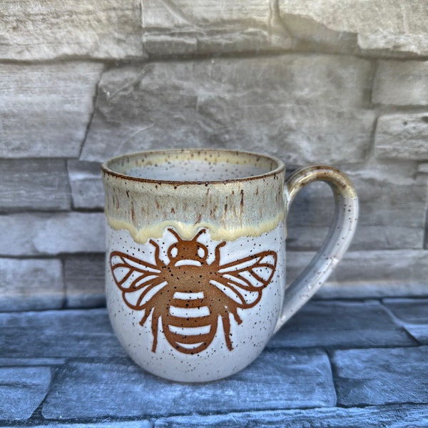 No 6 - Pottery mug, bee mug, white mug, bee pottery mug, cute bee coffee mug, handmade coffee mug, animal coffee mug, made in North Carolina