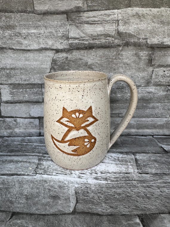Pottery mug, Foxy mug, white mug, fox mug, white fox coffee mug, black fox mug, fox tea cup, animal coffee mug, made in North Carolina