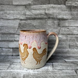 Pink pottery mug, chicken mug, rooster mug, bird coffee mug, hen coffee mug, chick mug, pink chicken mug, animal coffee mug, NC made