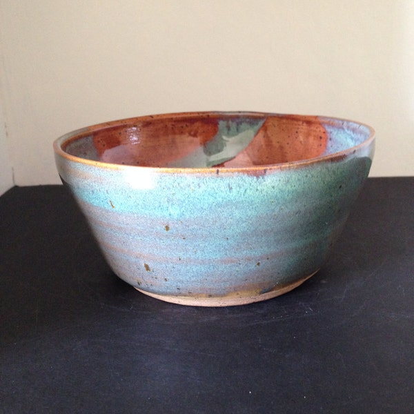 Green, brown and pink bowl hand made wheel thrown pottery, hand made