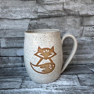 Pottery mug, Foxy mug, white mug, fox mug, white fox coffee mug, black fox mug, fox tea cup, animal coffee mug, made in North Carolina