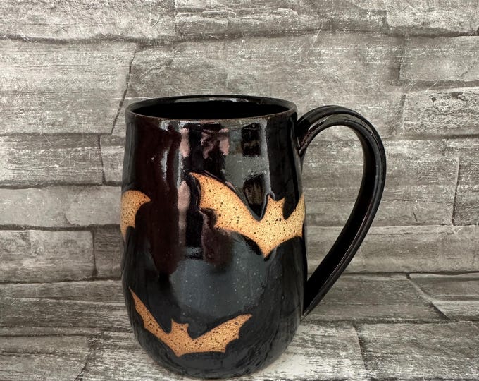 Pottery mug, bat mug, black bat mug, flying fox mug, bat coffee mug, handmade coffee mug, animal coffee mug, made in North Carolina