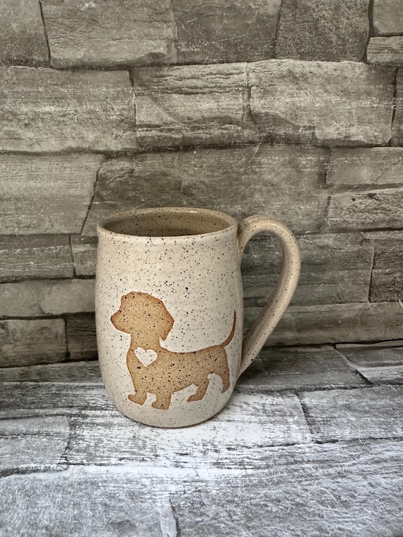 Pottery mug, Wiener dog mug, Dachshund mug, badger dog mug, white puppy mug, black pup mug, coffee mug, dog mug made in NC