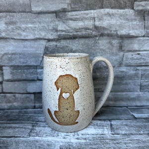 Pottery mug, dog mug, white dog mug, dog tea cup, puppy mug, golden doodle mug, handmade coffee mug, animal coffee mug made in NC