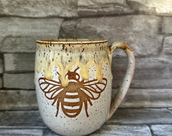 No 2 - Pottery mug, bee mug, white mug, bee pottery mug, cute bee coffee mug, handmade coffee mug, animal coffee mug, made in North Carolina