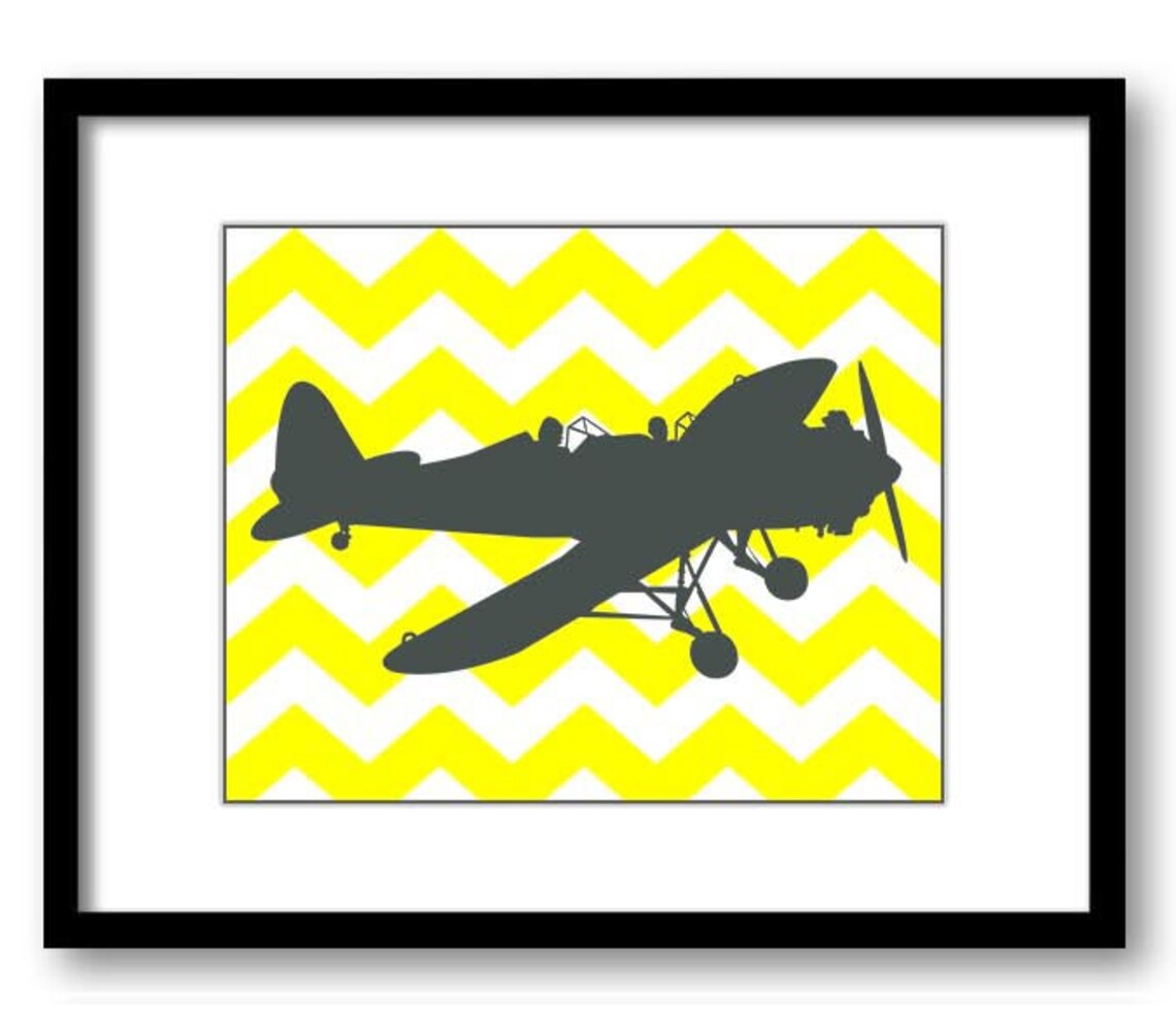 Airplane Chevron Boys Art Print Nursery Art Yellow Grey Gray | Etsy