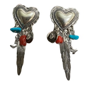 Southwest Sterling Silver Heart Concho Dangling Earrings