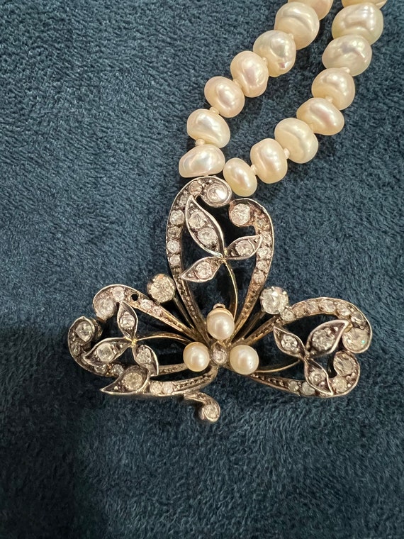 14K Antique Diamond Clover & Pearl Necklace