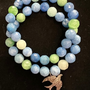 Blue Agate Bracelet with Dangling Bird