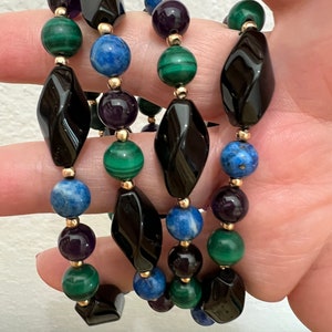 14K Onyx Lapis Malachite Beaded Necklace