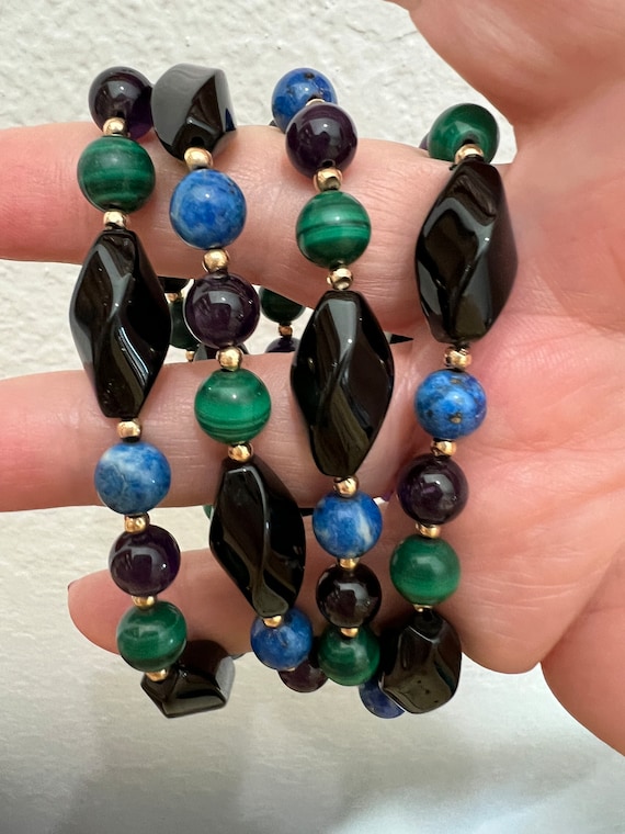 14K Onyx Lapis Malachite Beaded Necklace