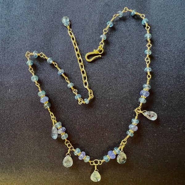 18K Gold Prasiolite and Iolite Handmade Necklace